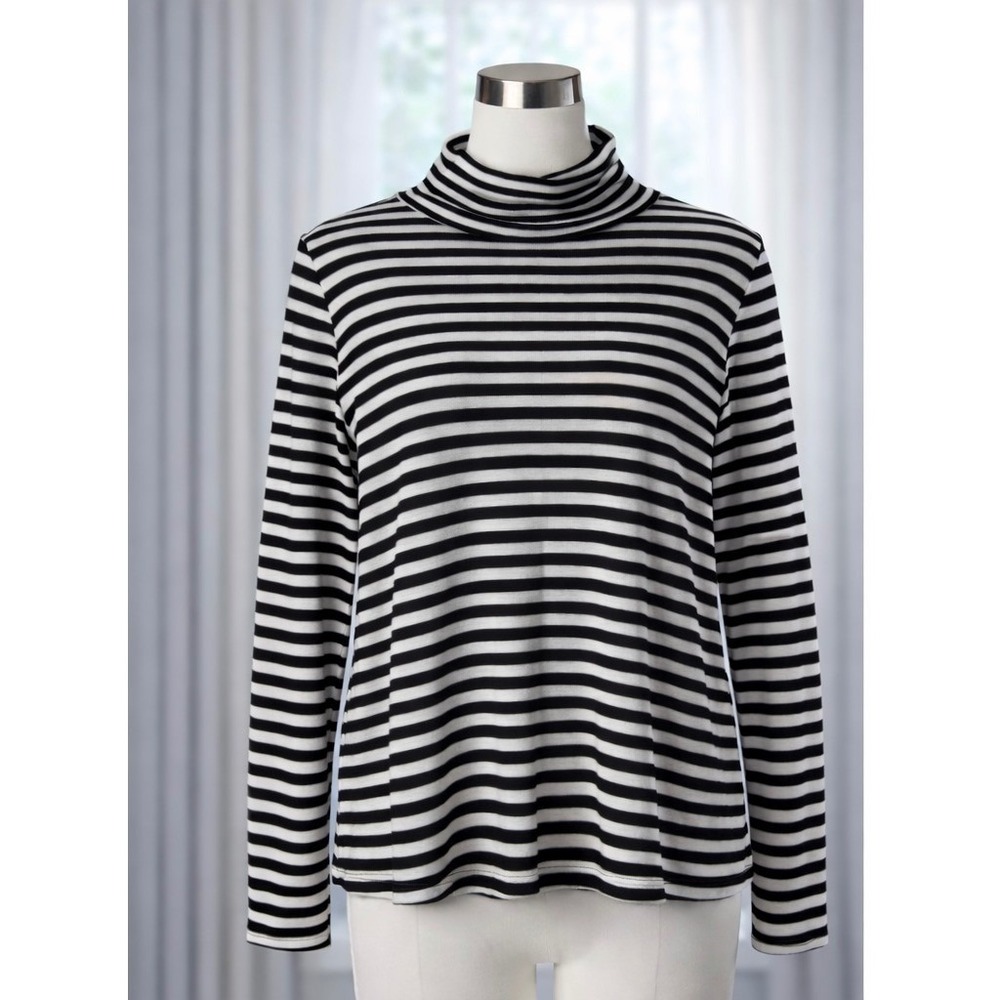 New Chico's Sage Shirttail Turtleneck Size 3 XL Black White Striped Lightweight
